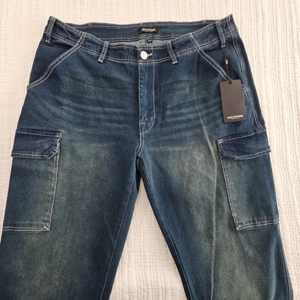 True‎ Religion Cargo Jeans Men's 36x32 NWT Medium Wash Wide Leg Relaxed Fit NEW